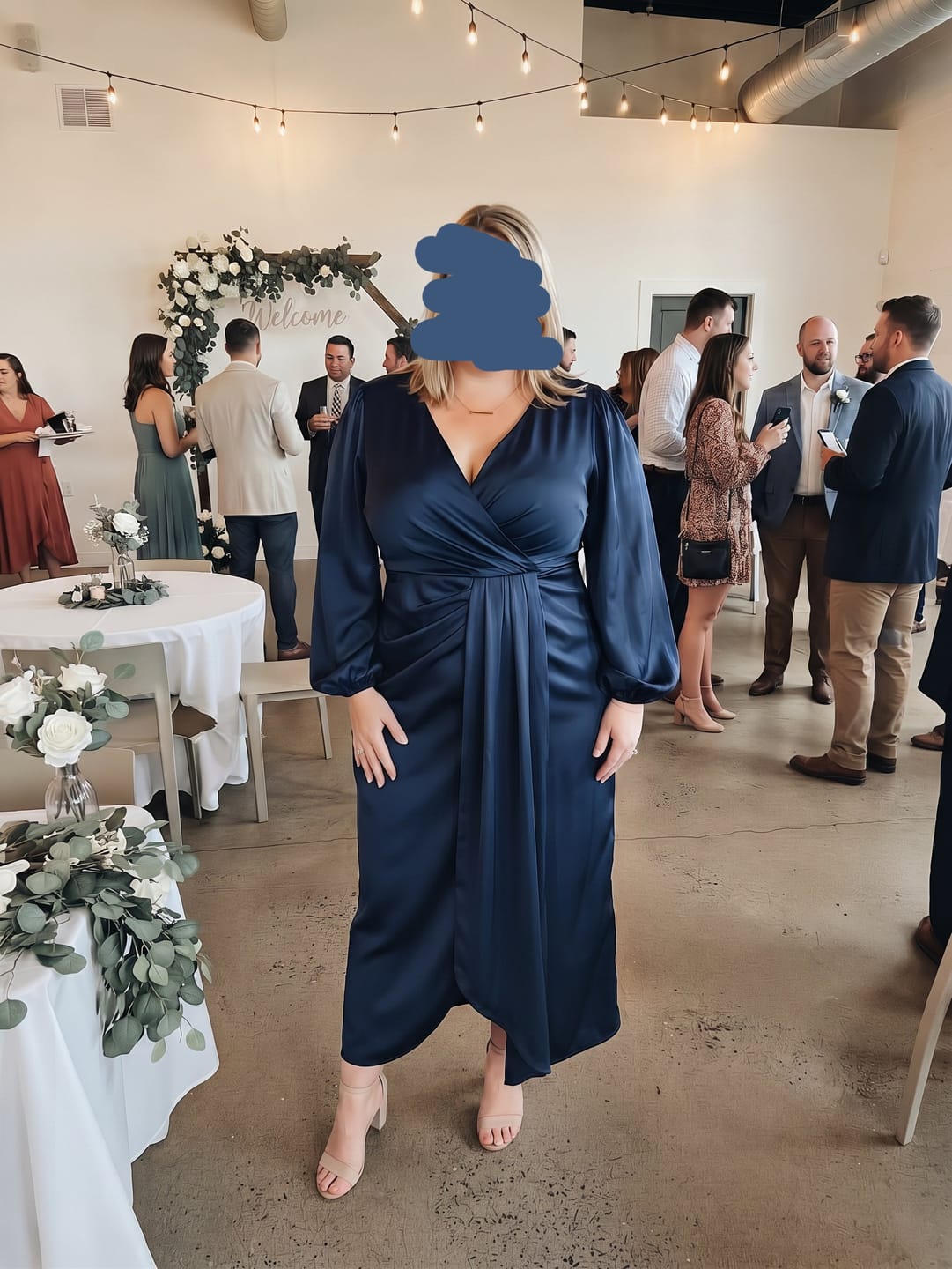 Customer photo review of Satin Wrap-Front Midi Dress with Long Balloon Sleeves