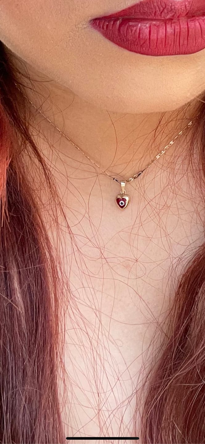 Customer photo review of 14K Gold Evil Eye Heart Pendant, Blue or Red