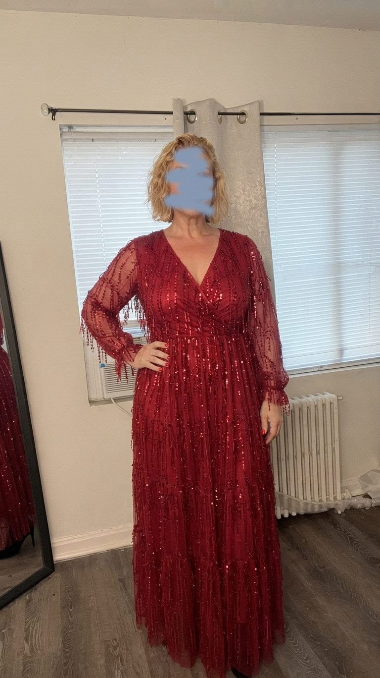 Customer photo review of V-Neck Tassel Sequin-Mesh Maxi Dress