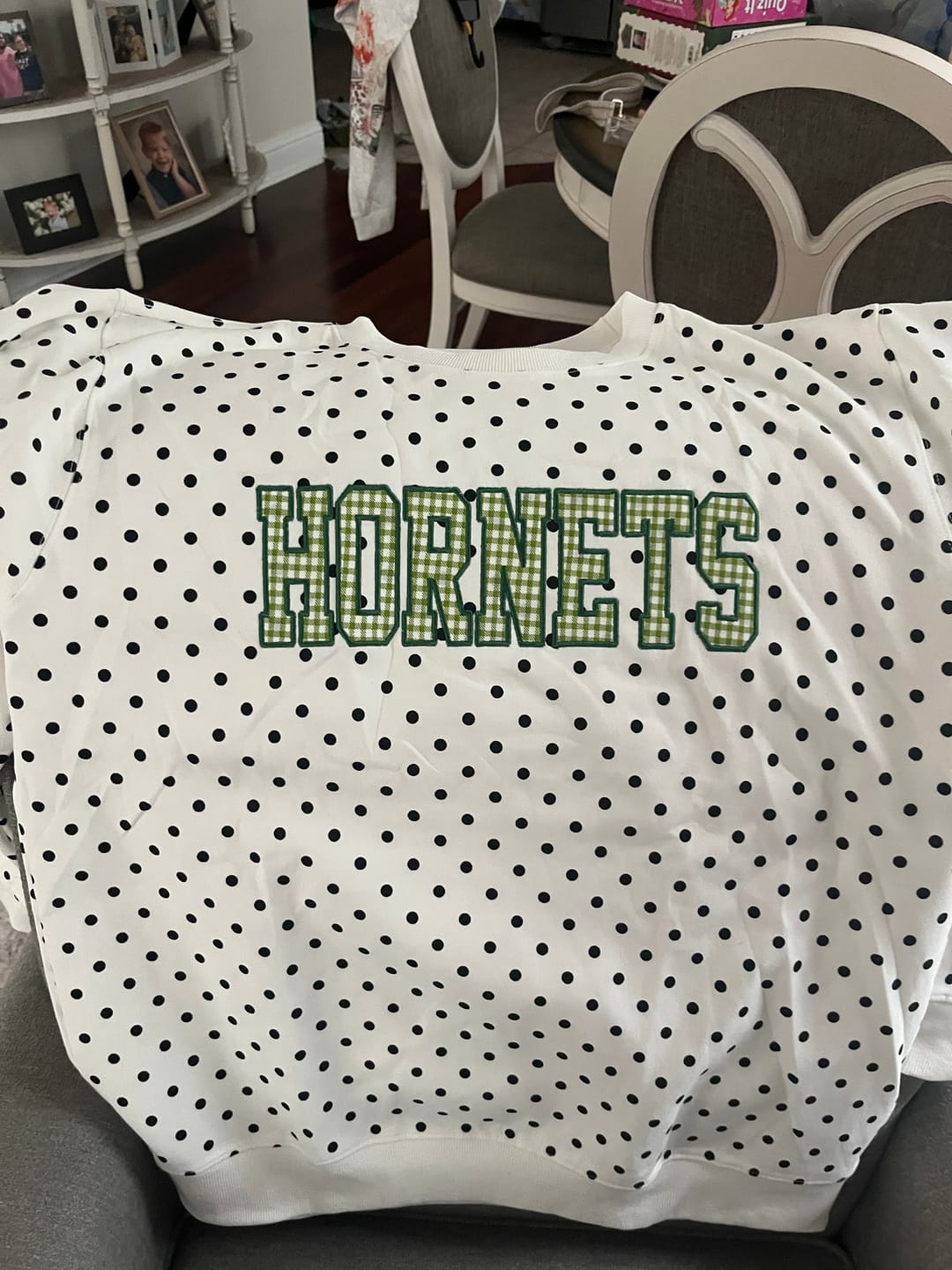 Customer photo review of Custom Patchwork Fabric Embroidered Polka Dot Sweatshirt Team and School Name Applique Varsity Letters | Game Day Wear