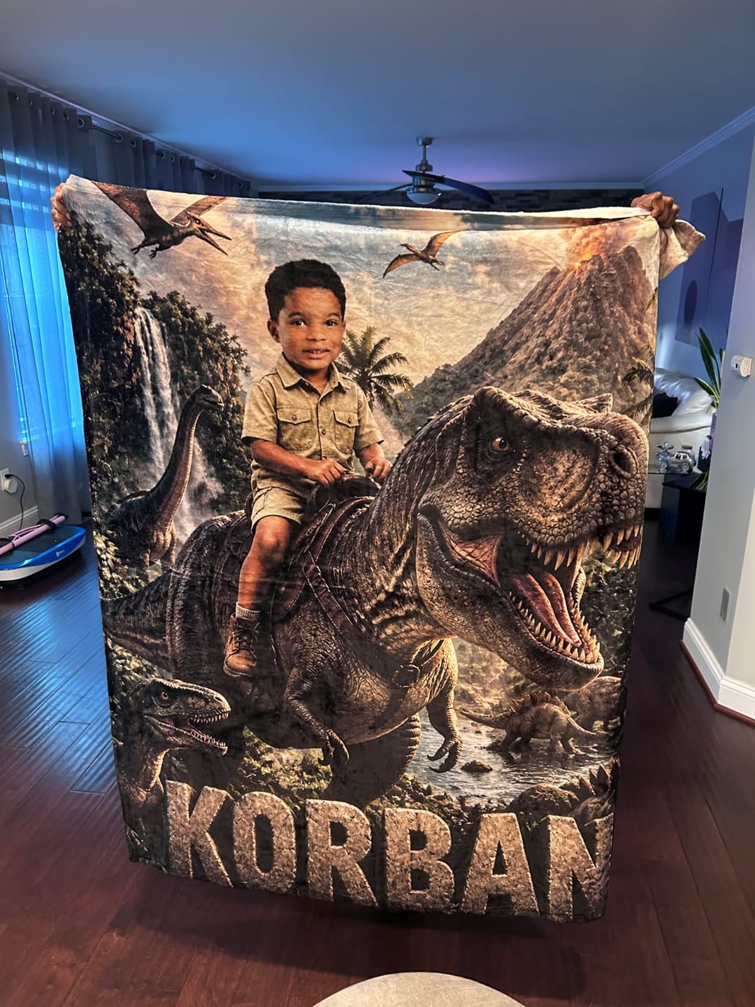 Customer photo review of Personalized Dinosaur Blanket | Their Photo, Their Adventure