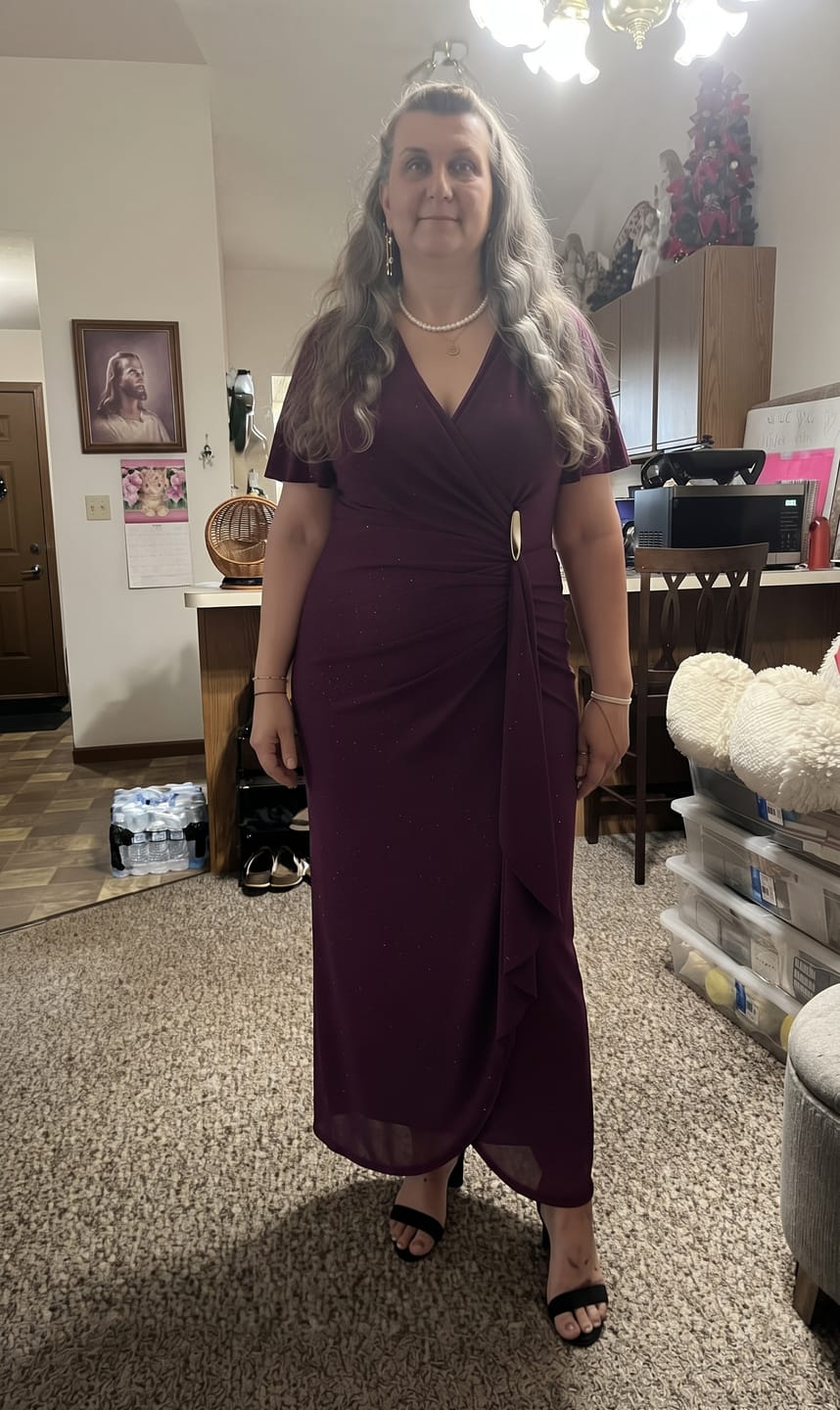 Customer photo review of Shimmering Stretch Mesh Dress with Waist Buckle