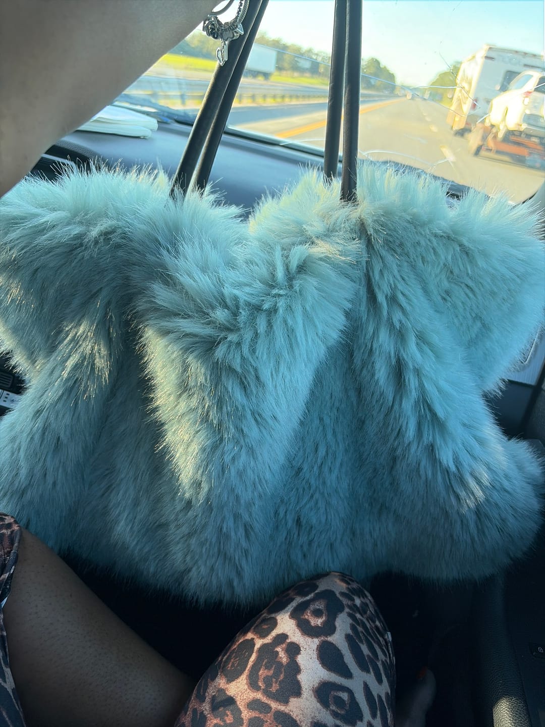 Customer photo review of ROXANA-TEAL FAUX FUR HANDBAG