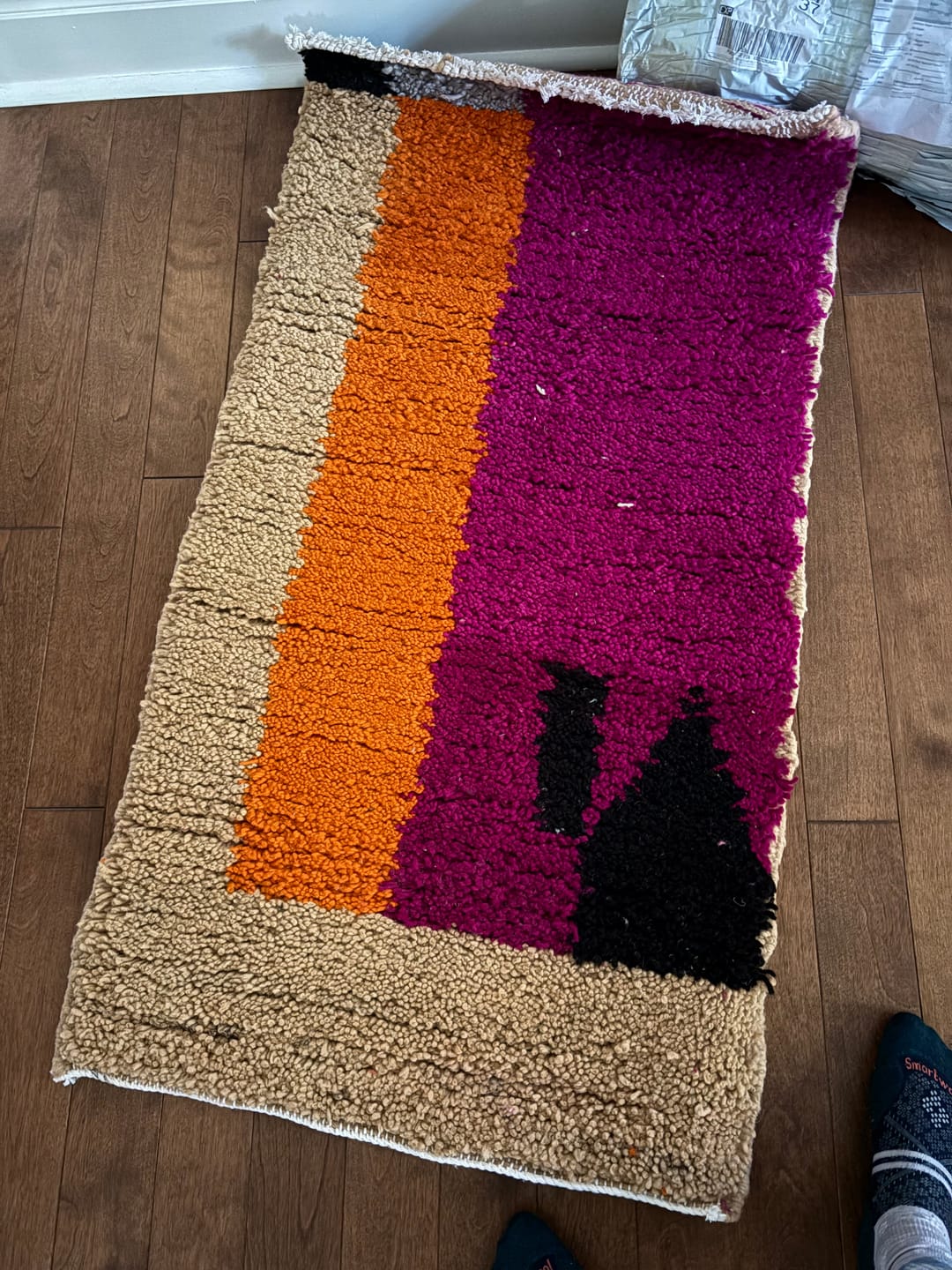 Customer photo review of Moroccan Wool Rug – Magenta & Burnt Orange Abstract Design