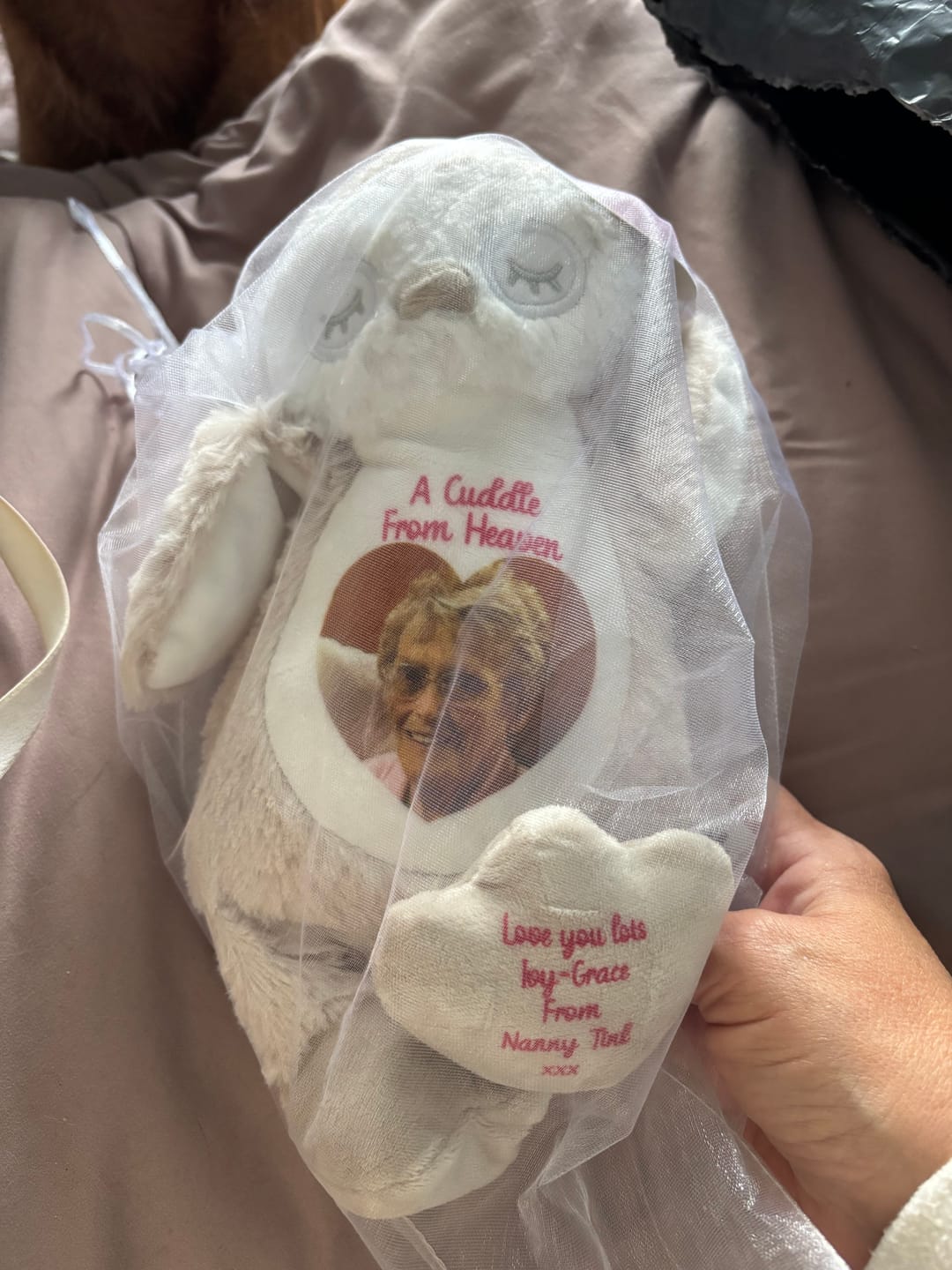 Customer photo review of A Cuddle from Heaven Personalised Photo Teddy Bear