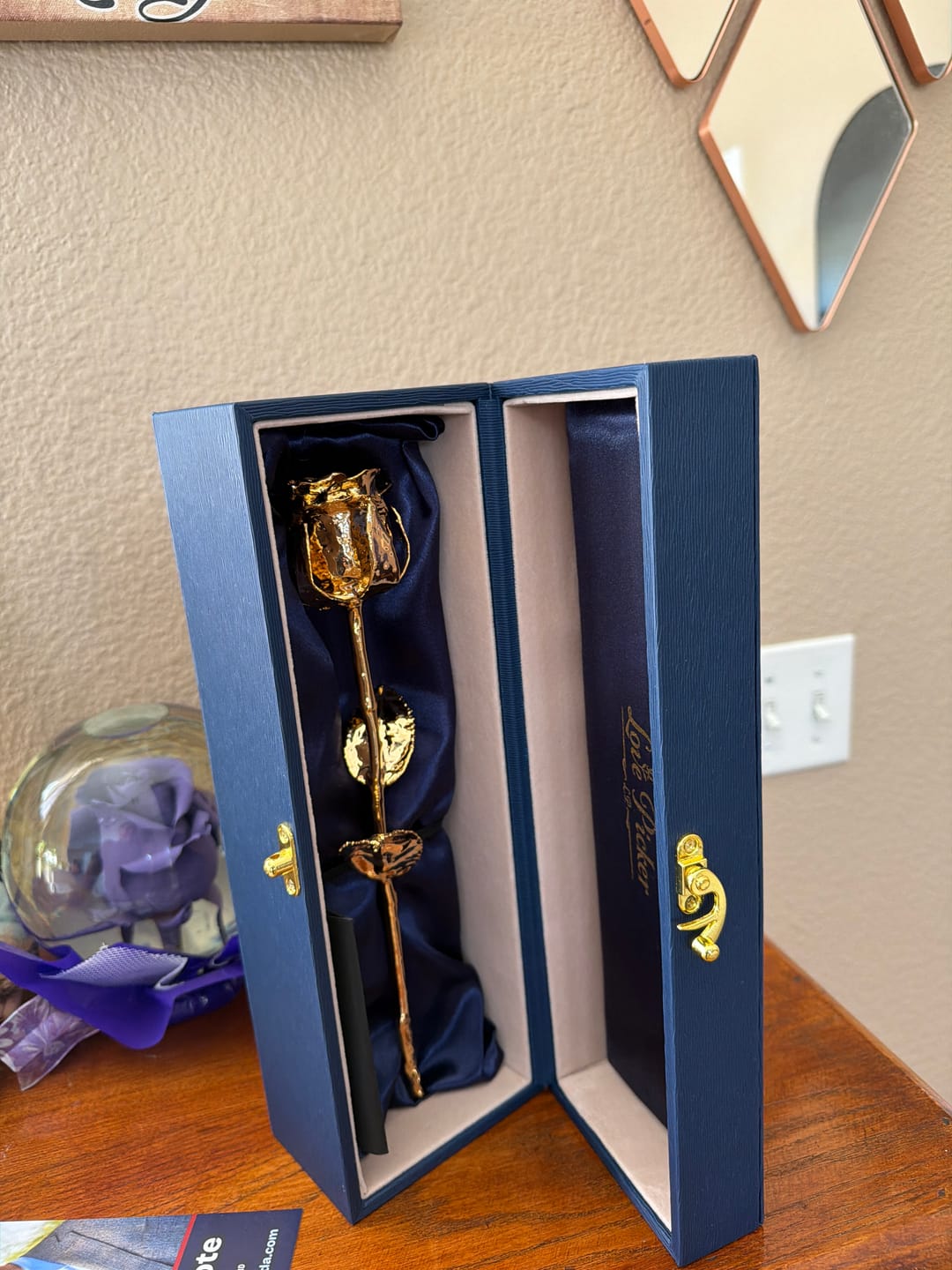 Customer photo review of Custom Engraved Box 24K Gold Dipped Natural Rose 11.5" - Midnight Blue