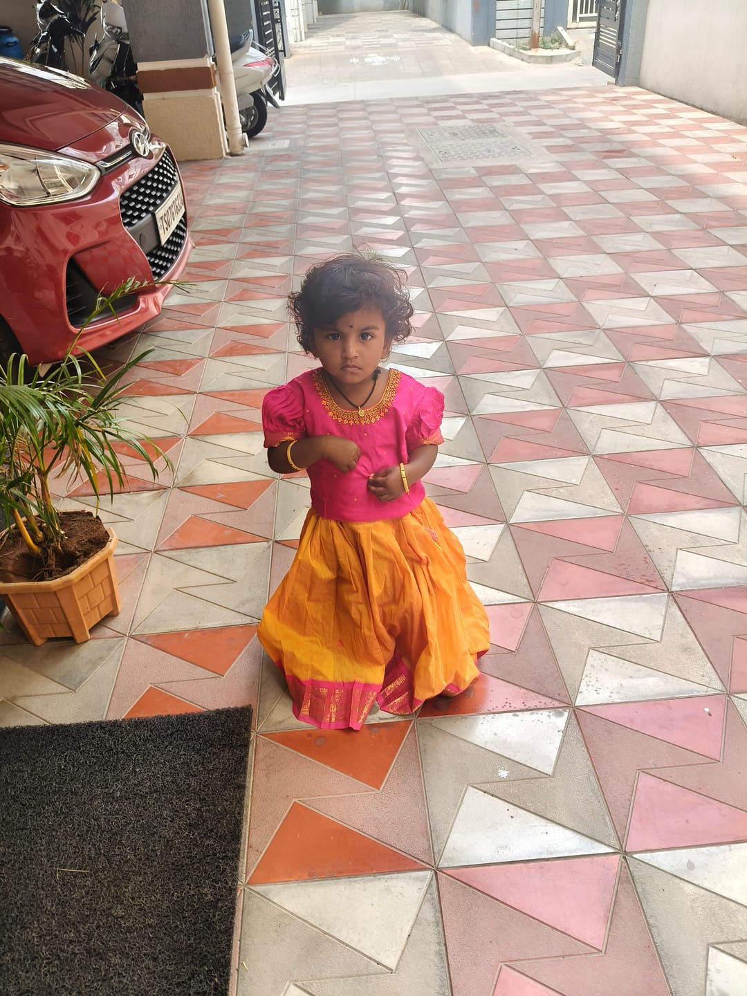 Customer photo review of Yellow and Pink Embroided Langa Blouse – Traditional Zari Border Cotton Dress for Baby Girl