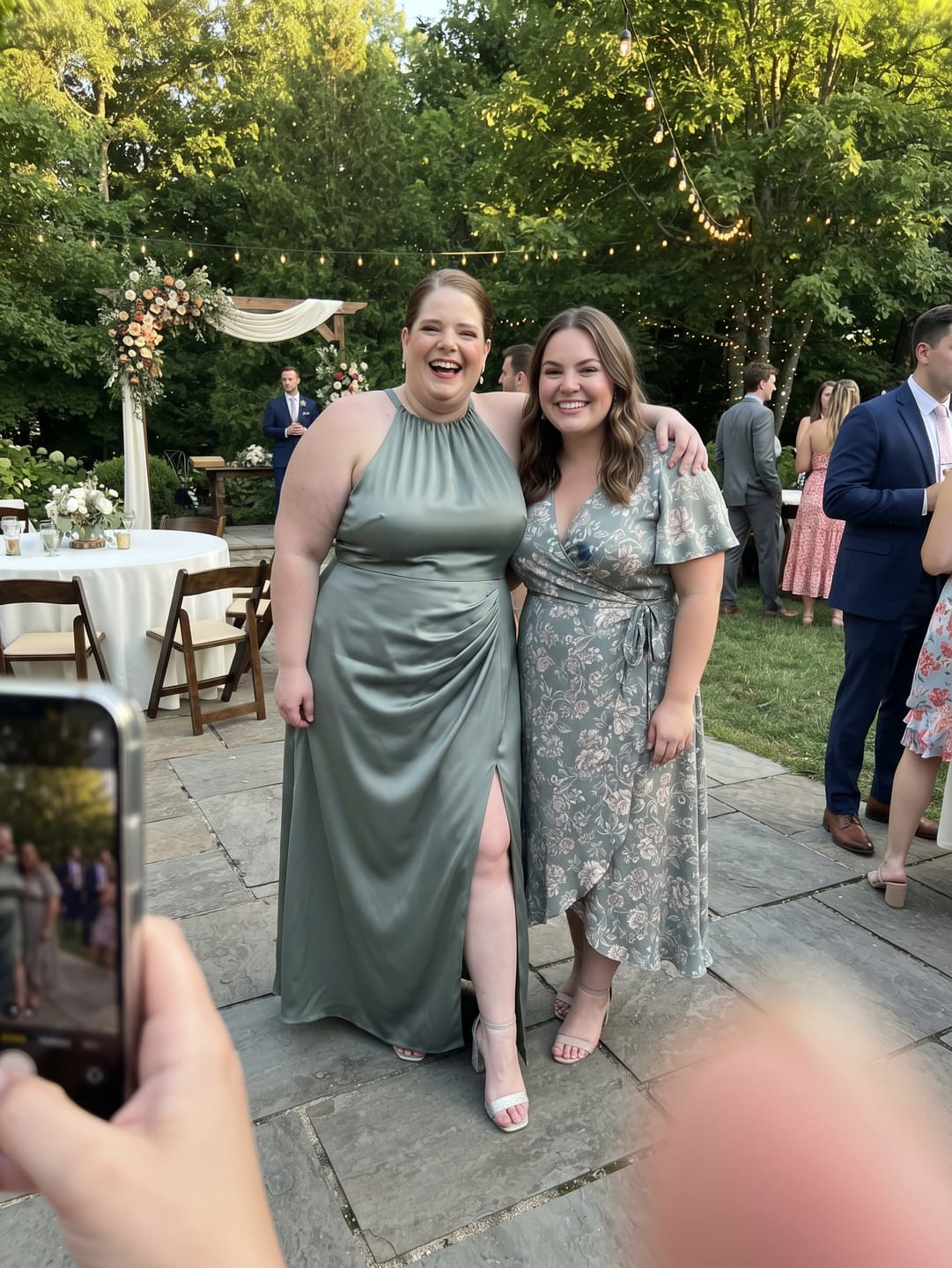 Customer photo review of Green Satin Sleeveless Halter Maxi Dress Side Slit