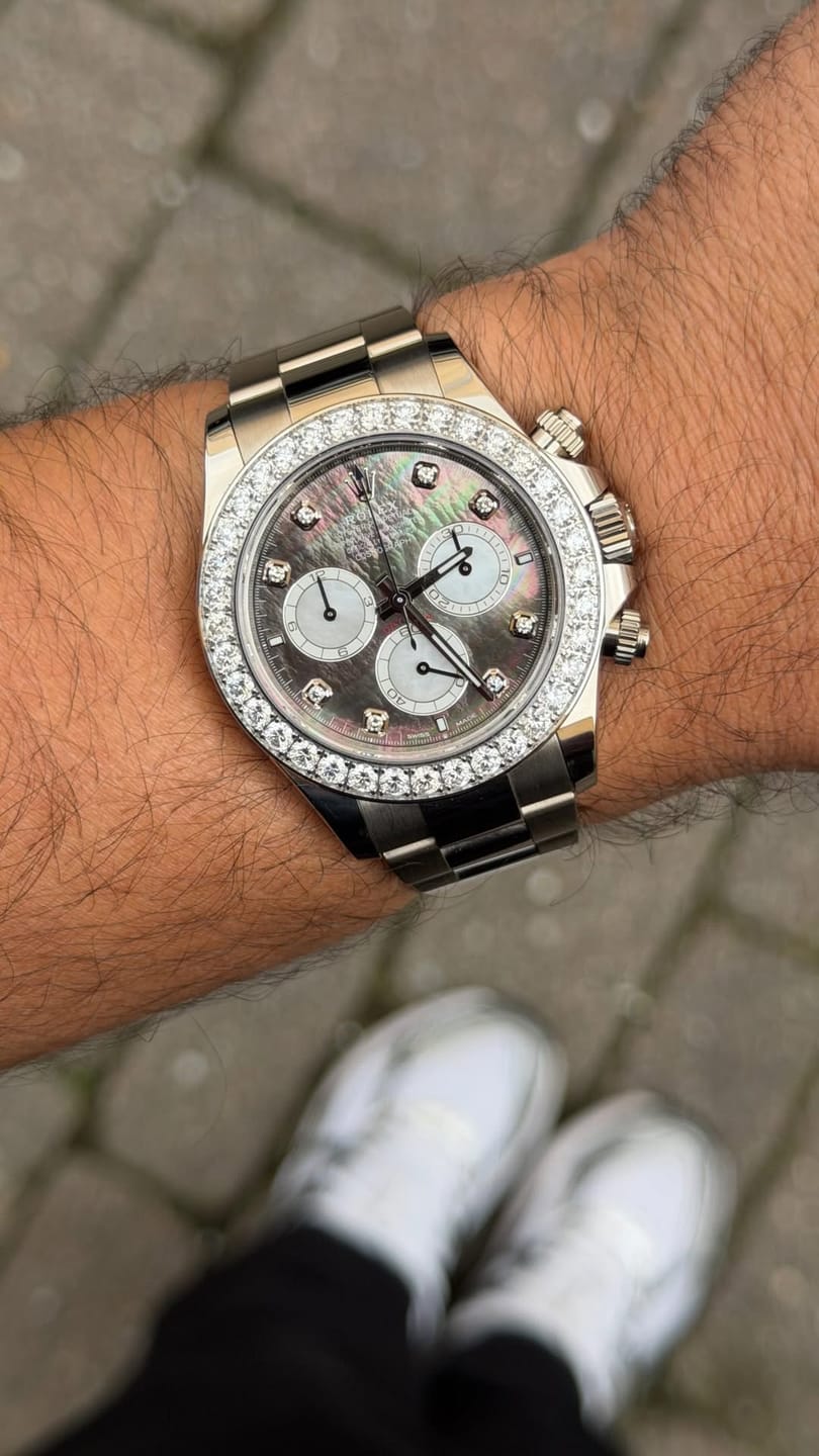 Customer photo review of Daytona 40mm Oyster White Gold Black and White Mother of Pearl Diamond Dial & Bezel 126579RBR