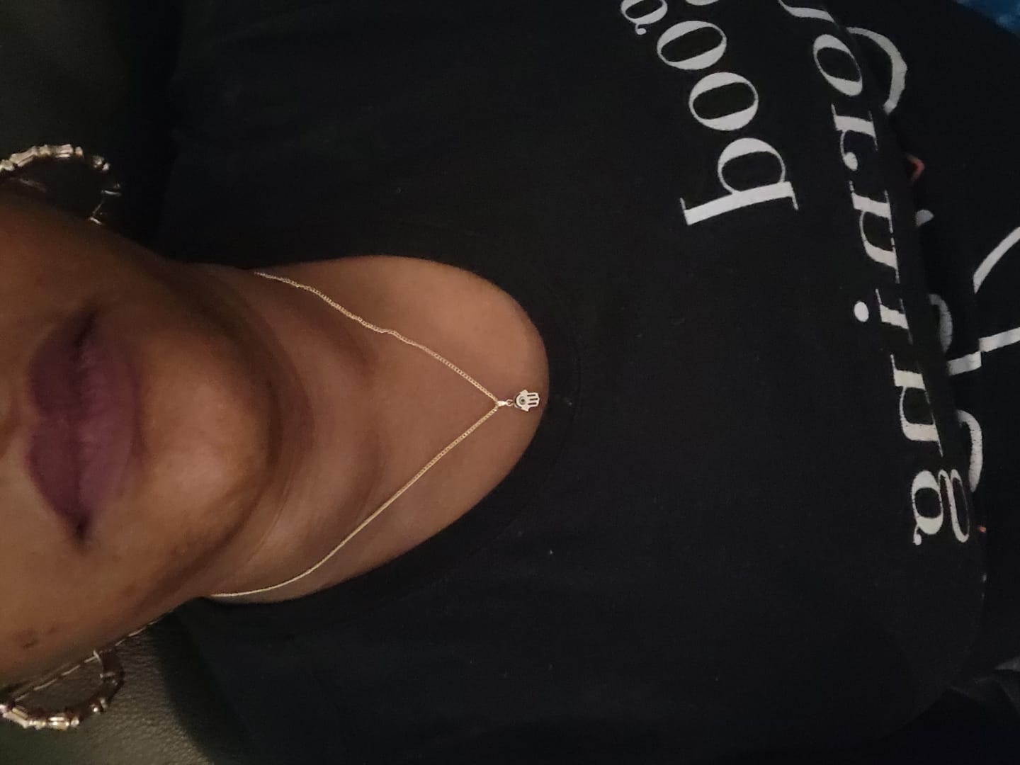 Customer photo review of 14K Gold Hamsa Evil Eye Pendant, Blue or Red