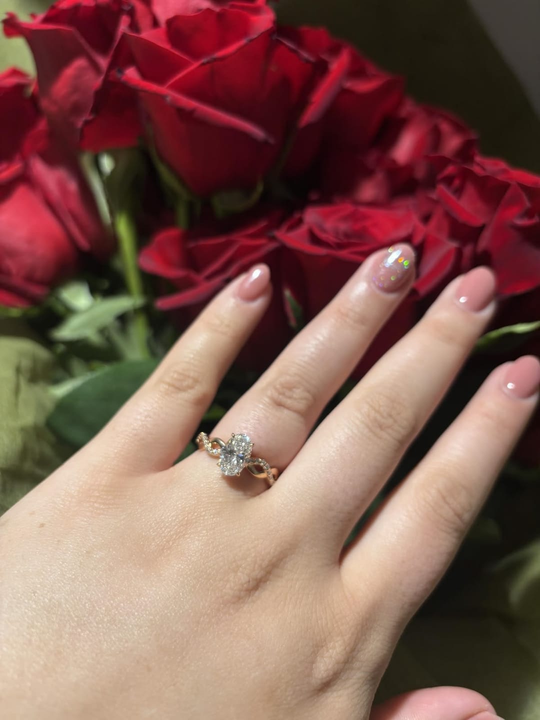 Customer photo review of Celeste 2 Carat Oval Cut Hidden Halo Lab Grown Diamond Ring in 14K Rose Gold
