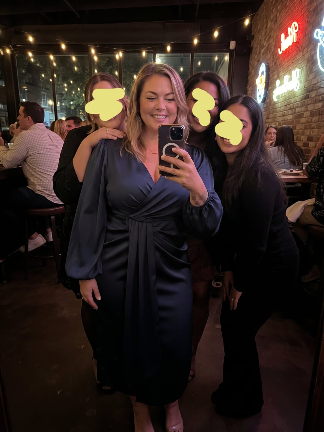 Customer photo review of Satin Wrap-Front Midi Dress with Long Balloon Sleeves