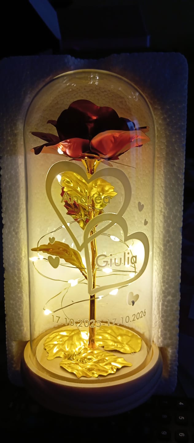 Customer photo review of Ti amo - Rosa eterna sotto campana di vetro con luce LED personalizzata con nomi e data dell'anniversario