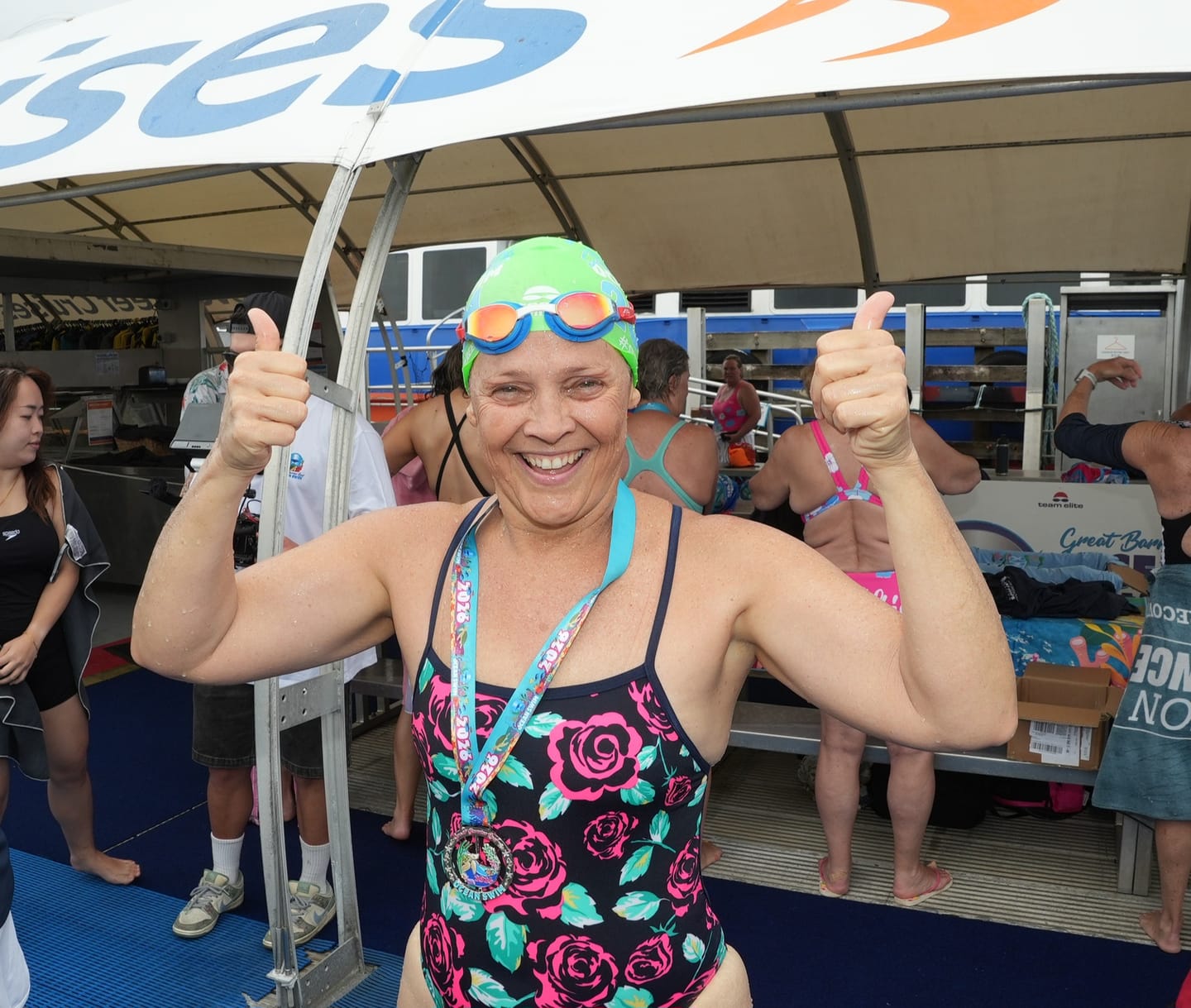 Customer photo review of NanoClear™ Strike Swim Goggles Sunrise Mirror - (Blue/Red)
