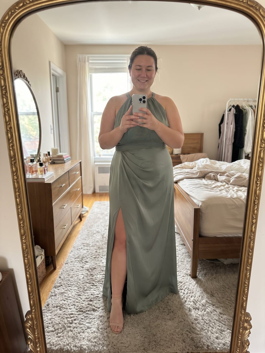 Customer photo review of Green Satin Sleeveless Halter Maxi Dress Side Slit