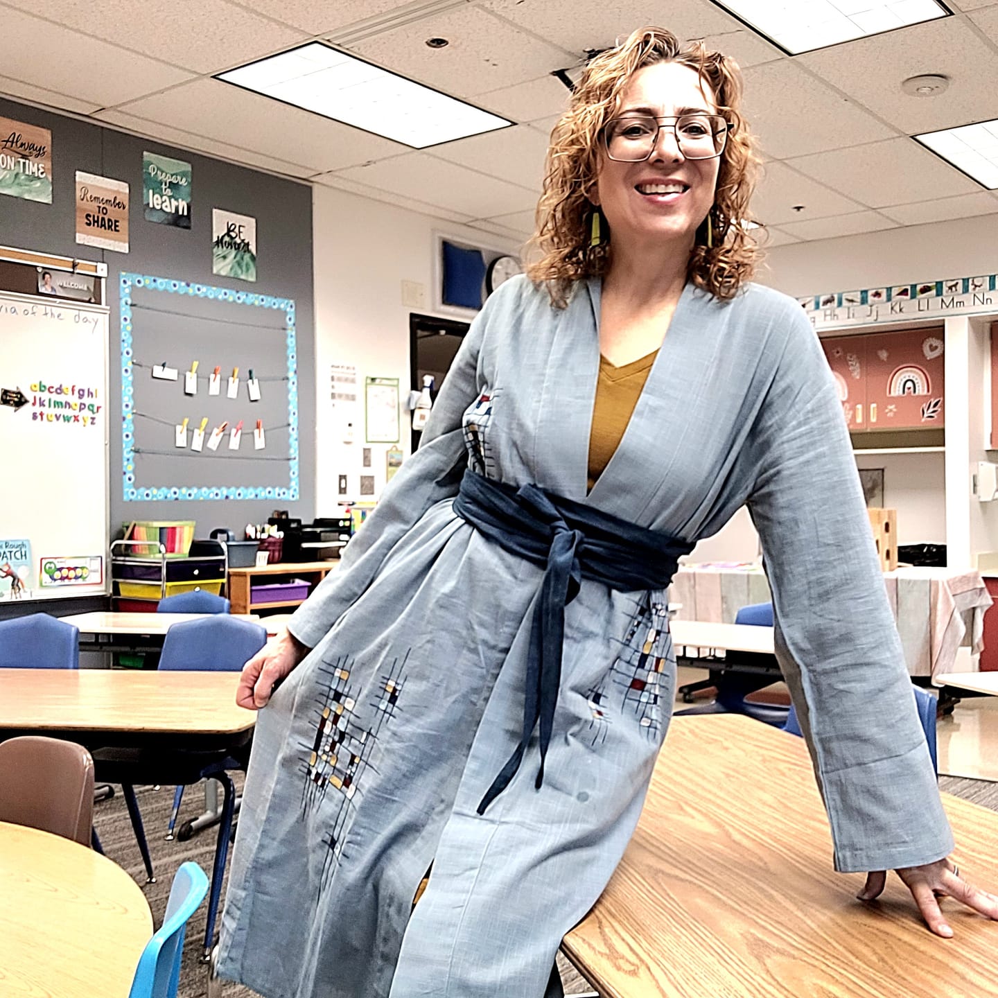 Customer photo review of Julahas x the Yogi Embroidered Duster Mondriaan Steel Blue