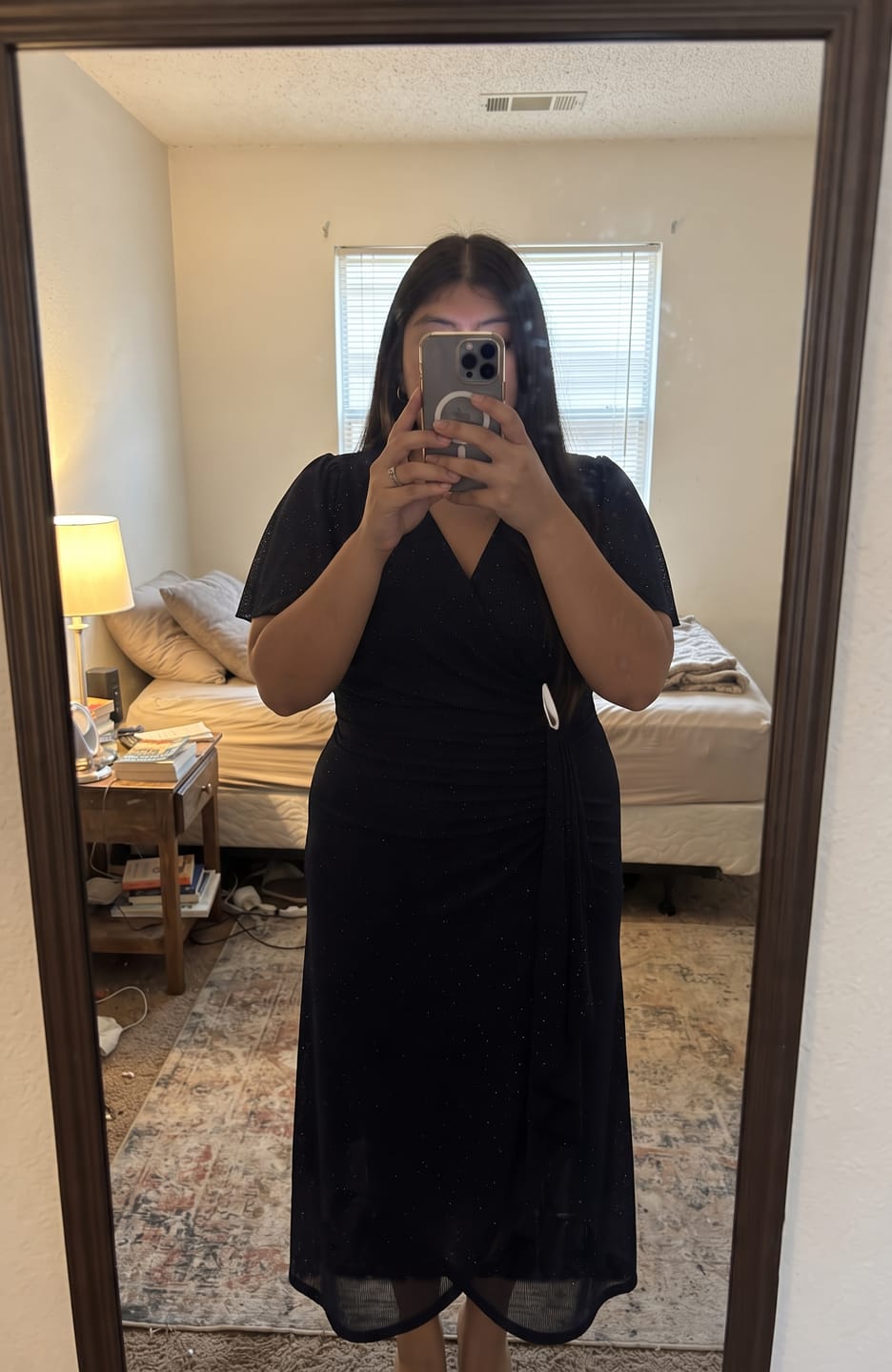 Customer photo review of Shimmering Stretch Mesh Dress with Waist Buckle
