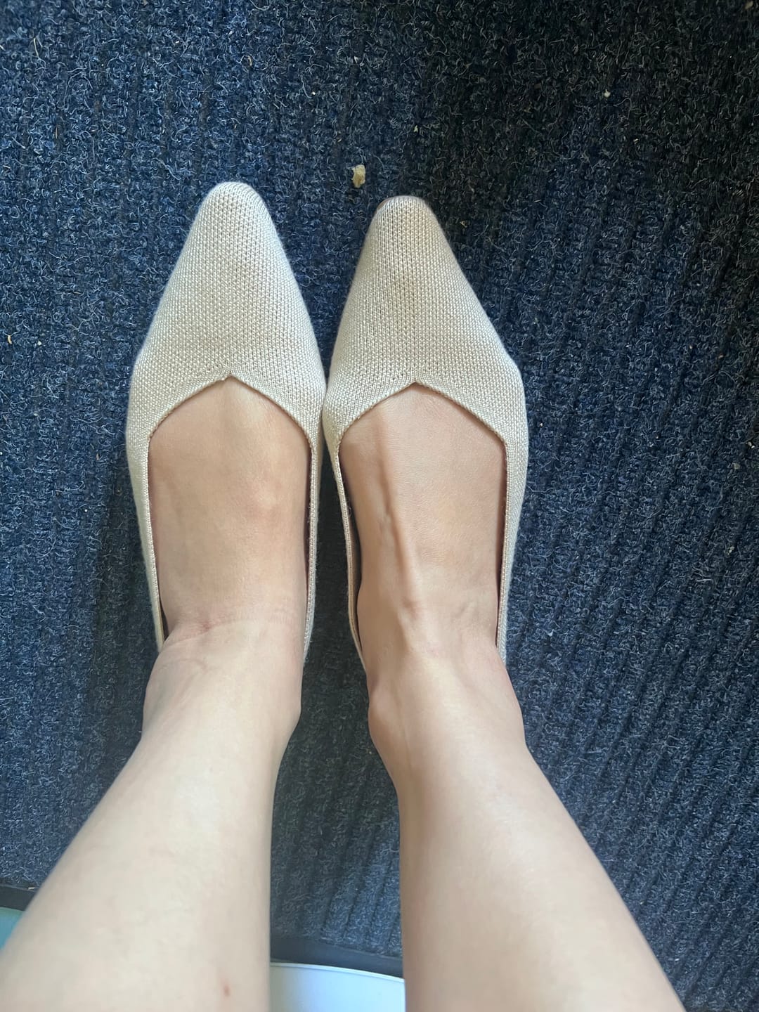 Customer photo review of The Adelaide V-Cut Pointed-Toe Wool Flats | Apricot Beige