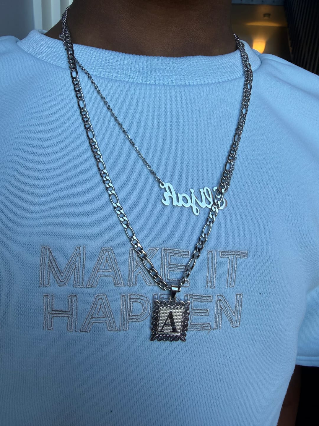 Customer photo review of Kids Embossed Initial Necklace w/ Figaro Chain