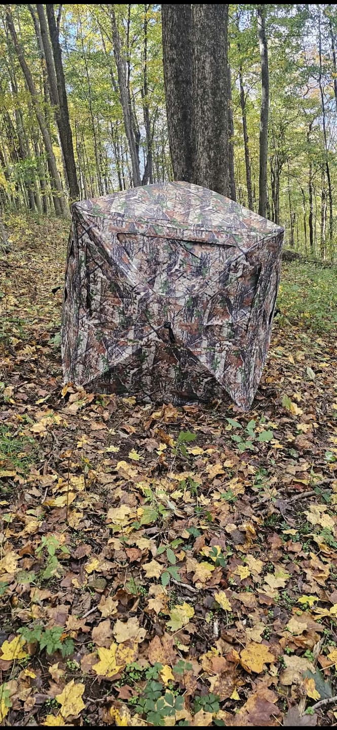Customer photo review of Vis360 See Through Ground Blind | 360° Camouflage Pop Up Hunting Blind for 2/3/4 Person | Portable Deer Blind with Orange Cover
