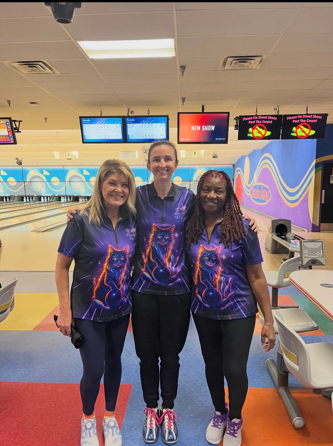 Customer photo review of Custom Neon Cat Bowling Jersey for Women Bowling Team Shirts Bowling League Polo & 1/4 Zip HNT153