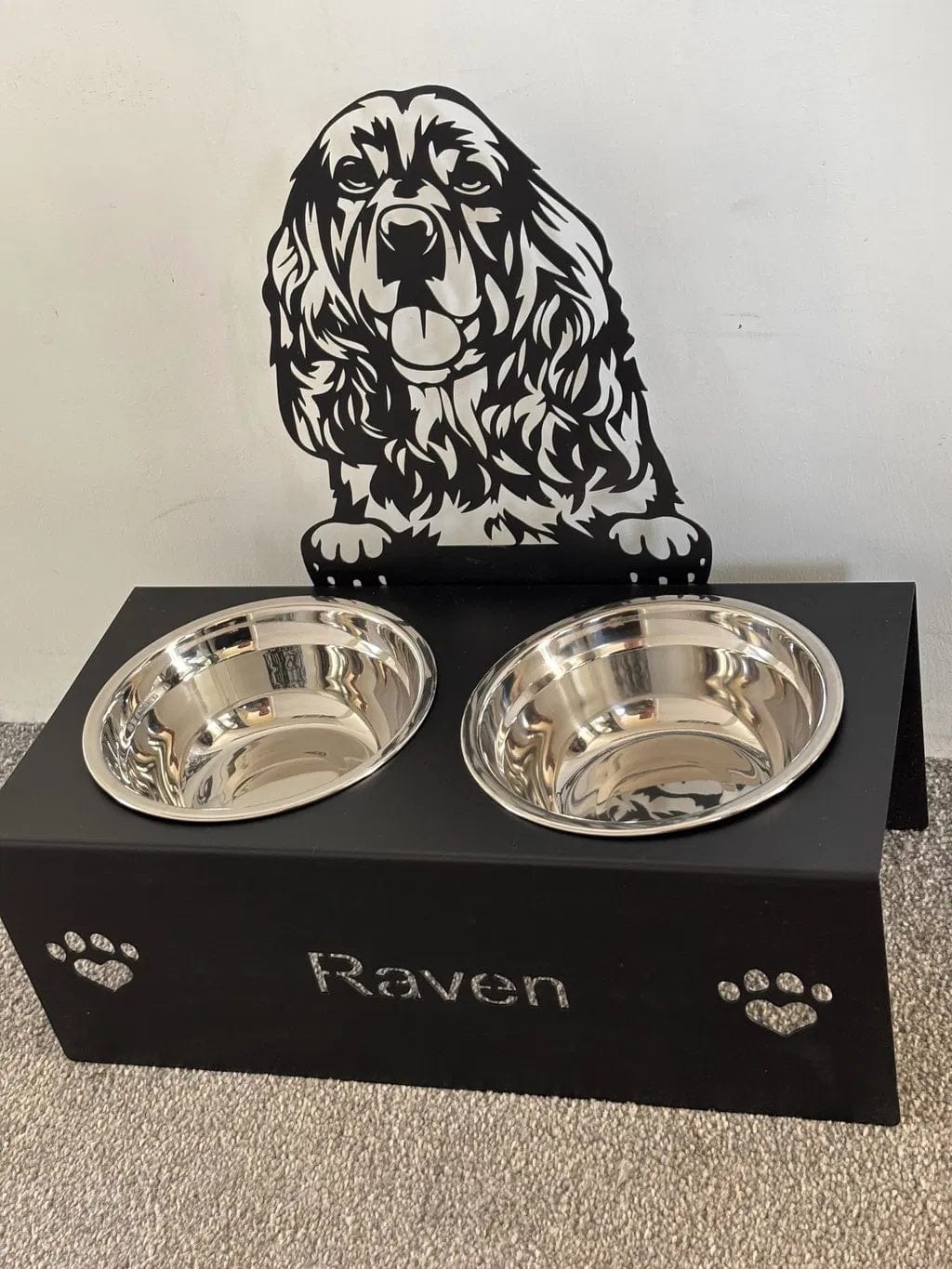 Customer photo review of Custom Name Dog Bowl Stand - Cocker Spaniel