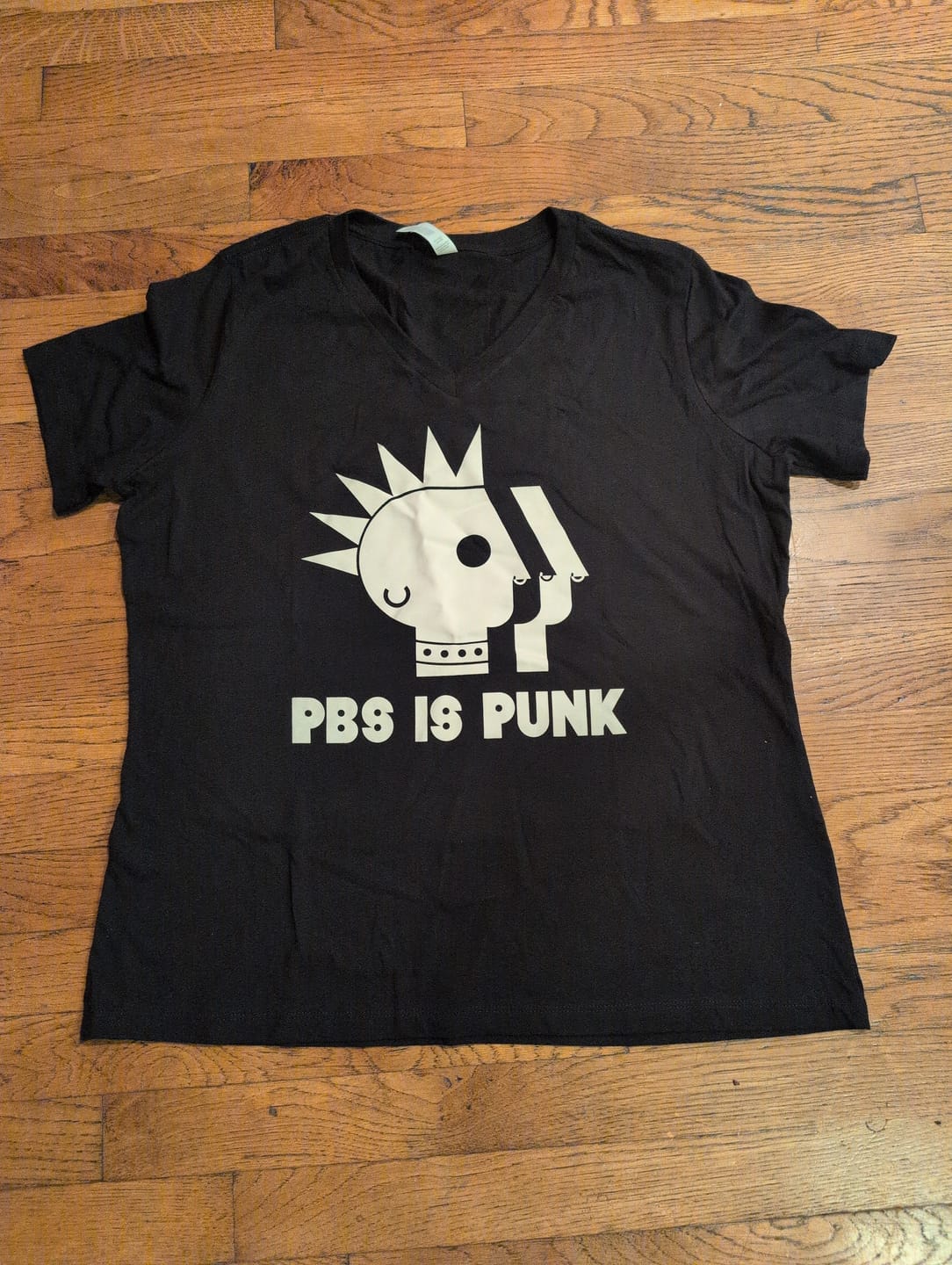 Customer photo review of PBS is Punk Women's Relaxed V-neck Tee