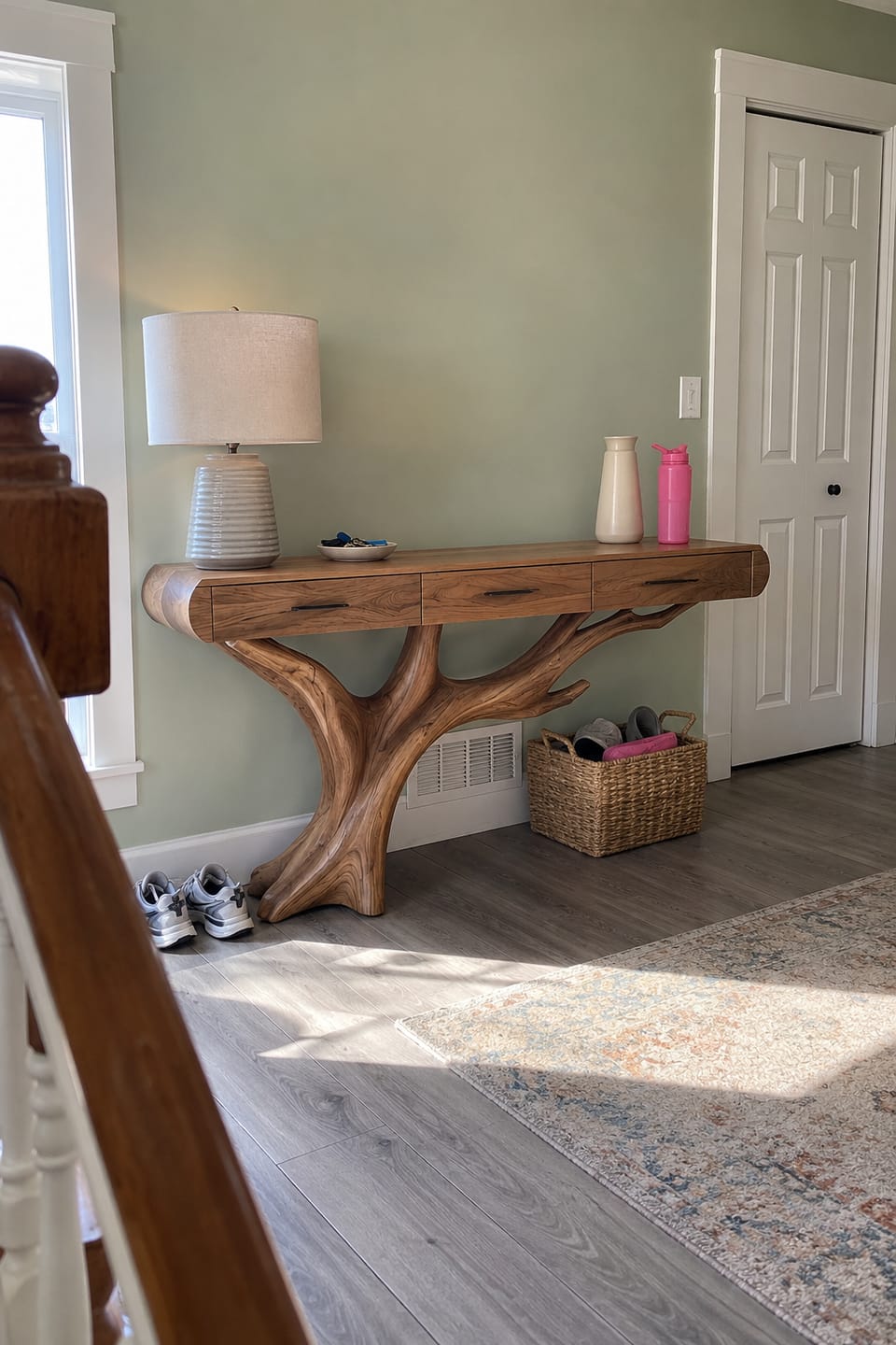 Customer photo review of Natural Wood Entryway Console Table with Drawers and Sculptural Tree Base