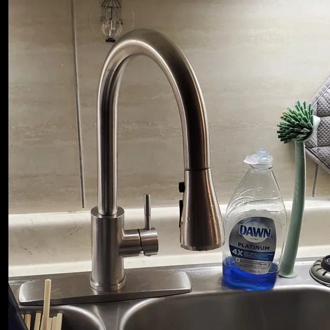 Customer photo review of Zealand - Single-Handle Stainless Steel Kitchen Faucet with Pull-Out Sprayer
