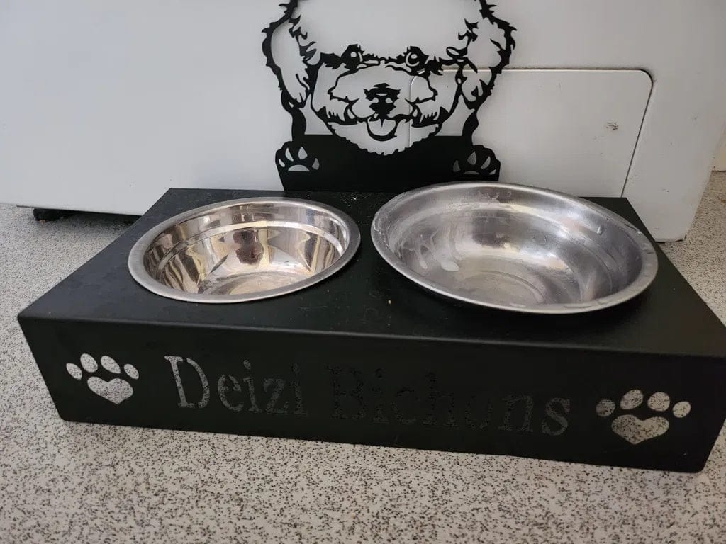Customer photo review of Custom Name Dog Bowl Stand - Bichon Frise