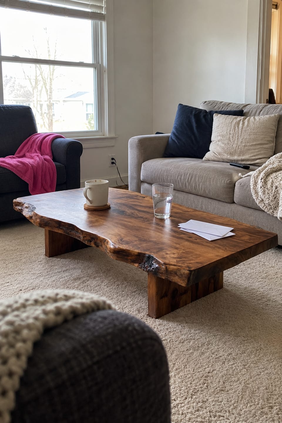 Customer photo review of Premium Live Edge Coffee Table with Low Pedestal Base in Natural Solid Wood