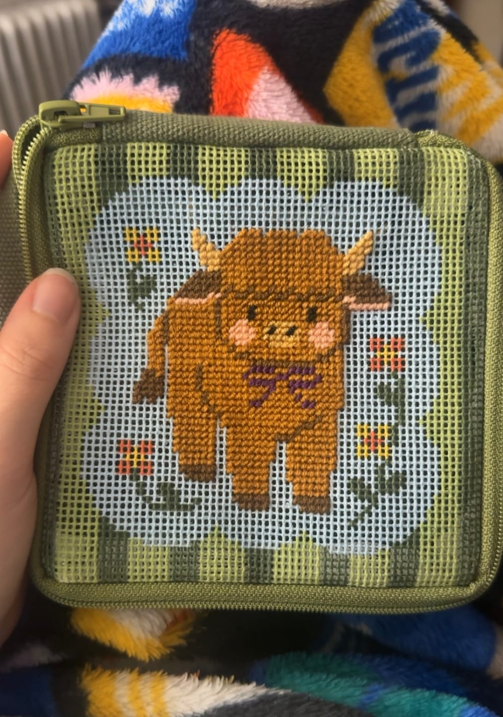 Customer photo review of HIGHLAND COW - Needlepoint Pouch Kit