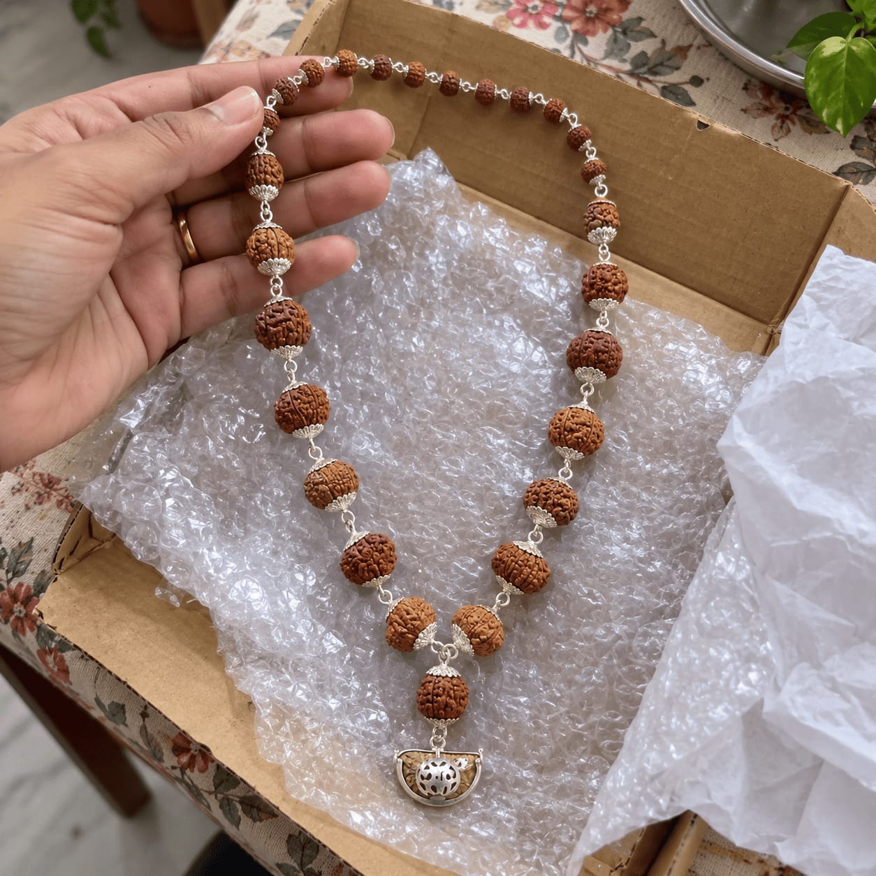 Customer photo review of 1-14 Mukhi Rudraksha Mala (Silver)
