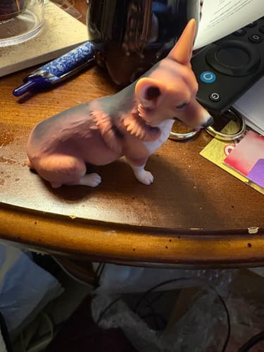 Customer's DoDoWish Gift Box corgi statue on a wooden desk, showing dark gray markings on the back.
