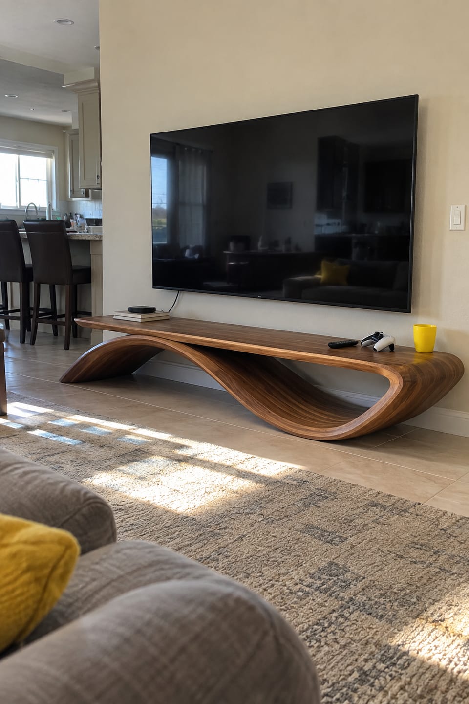 Customer photo review of Sculptural Wave Natural Solid Wood TV Stand with Open Base Design