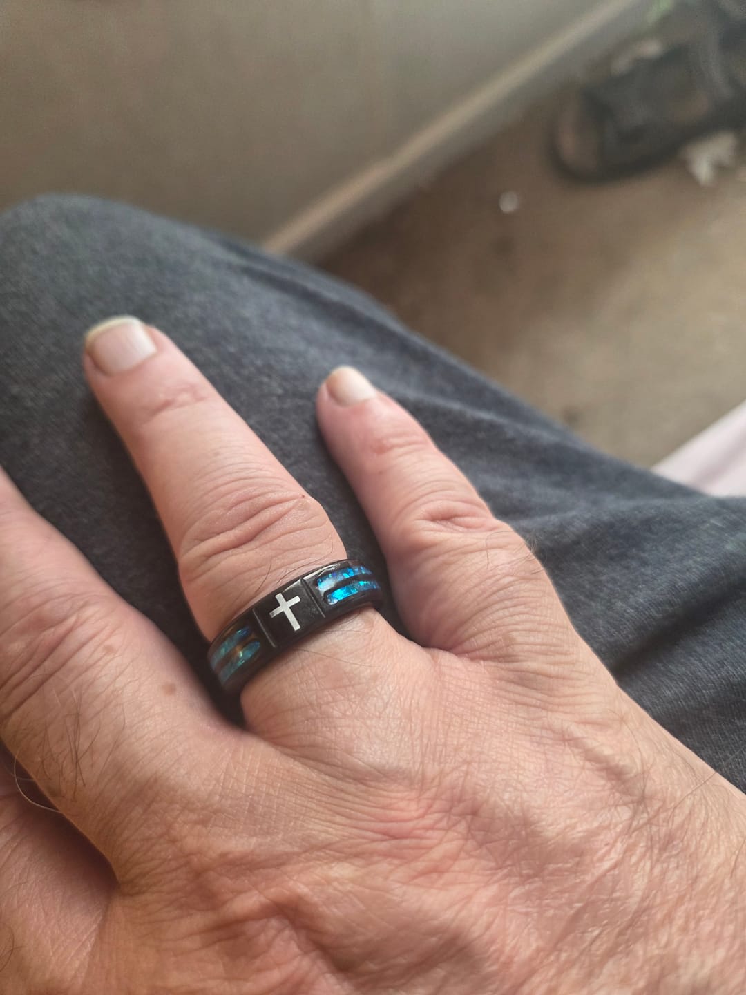 Customer photo review of FREE Today: Modern Titanium Steel Cross Ring with Laser Blue Inlay: Serenity in Christ's Blue Light
