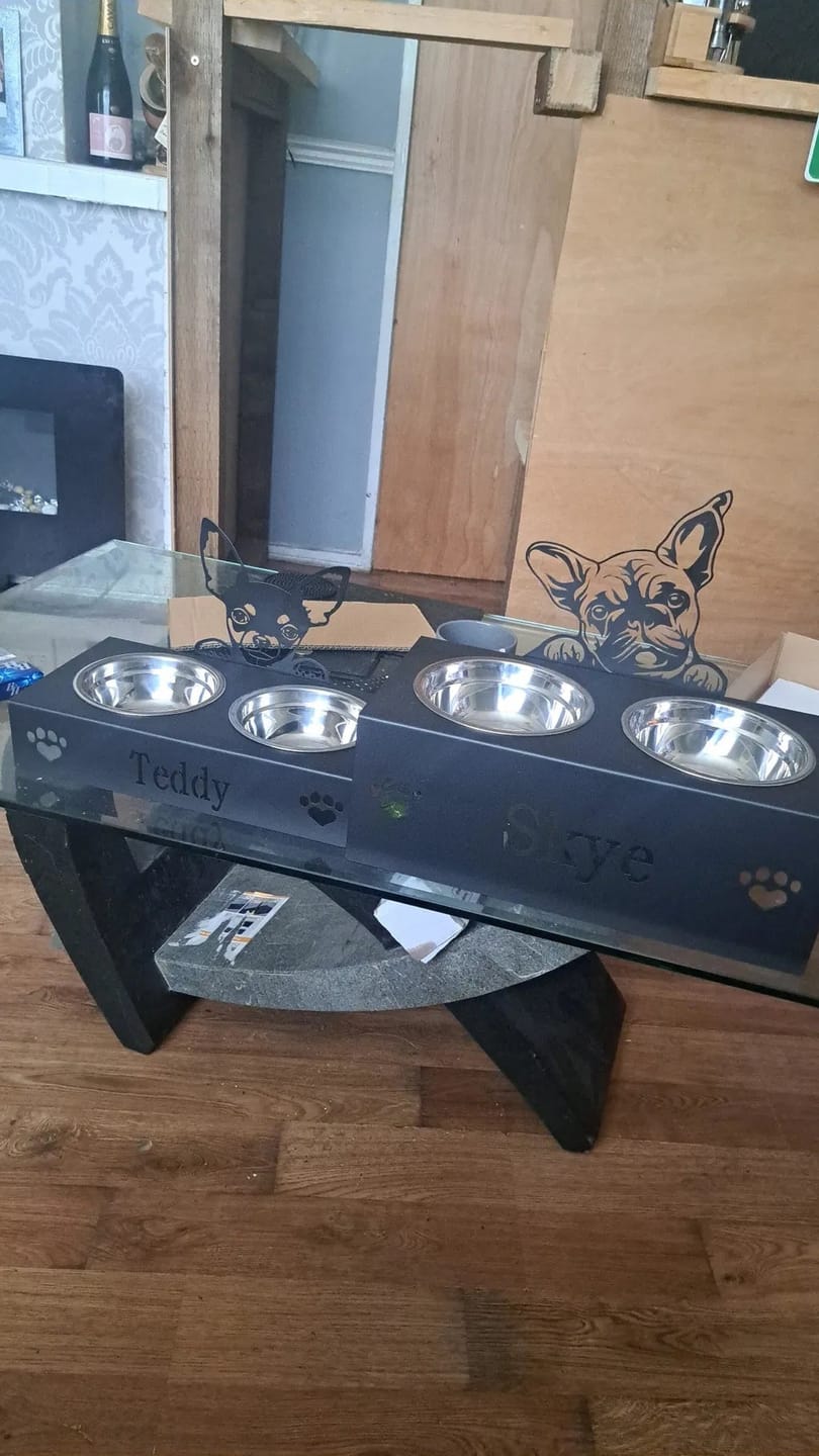 Customer photo review of Custom Name Dog Bowl Stand - Chihuahua