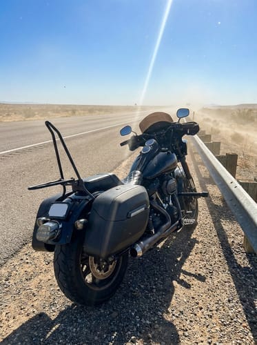 Customer photo review of 40L - Lamellar Raven Extra Large Leather Covered Motorcycle Hard Saddlebags for Harley Softail Low Rider S FXLRS