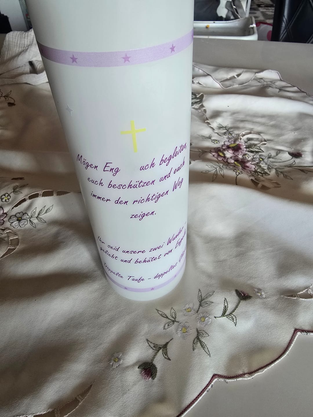 Customer photo review of Große Kerze "Engel" - Taufkerze mit Namen, Datum & Taufspruch