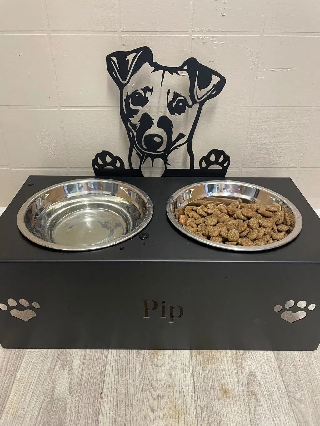 Customer photo review of Custom Name Dog Bowl Stand - Jack Russell Terrier