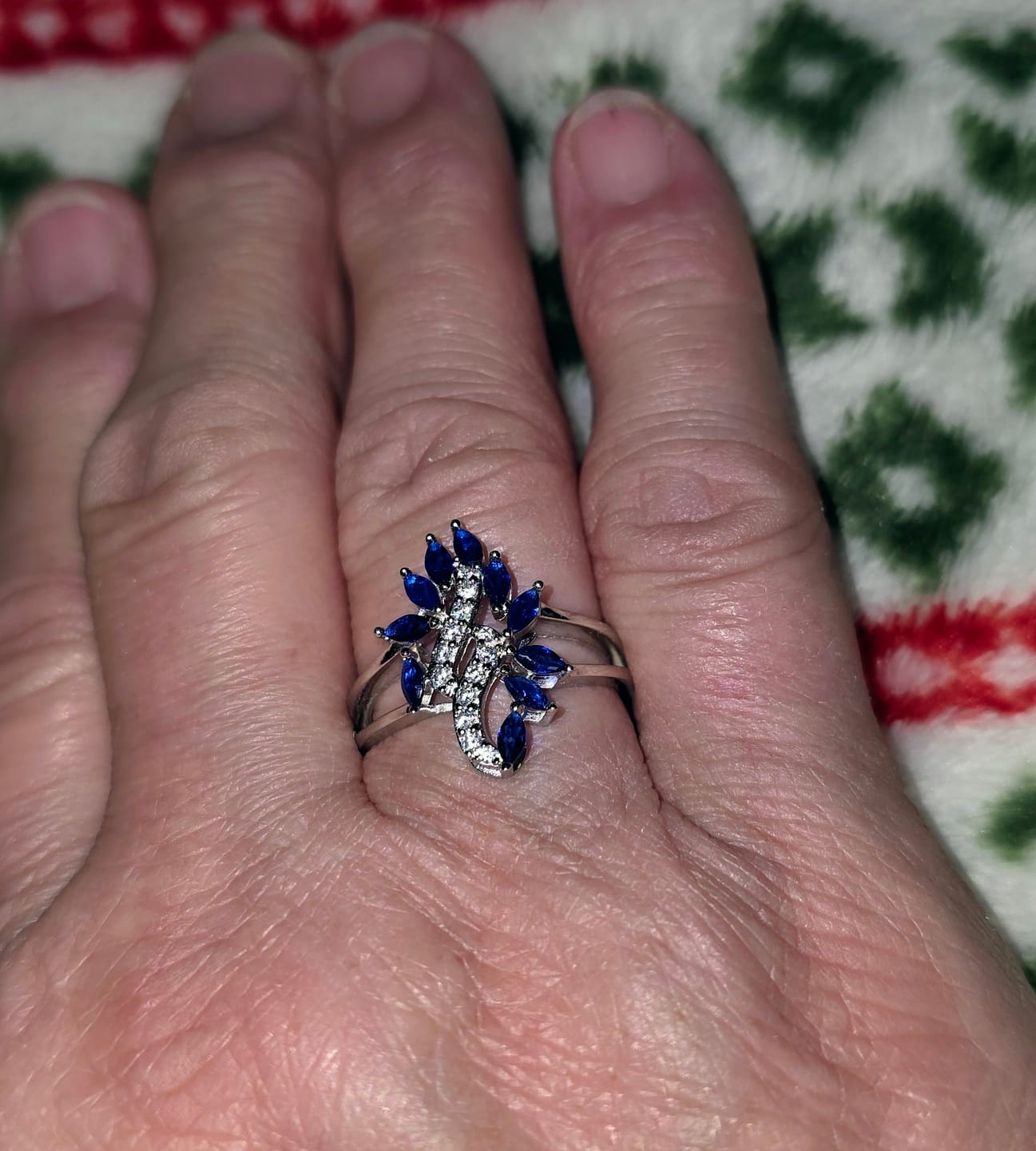 Customer photo review of Sapphire Cocktail Flower Sterling Silver Ring