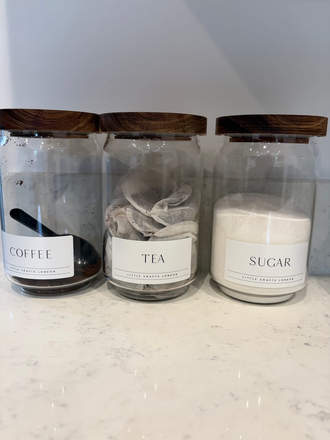 Customer photo review of Set of 3 Acacia Glass Jars Tea, Coffee and Sugar 750 ML [LABEL SLIM]