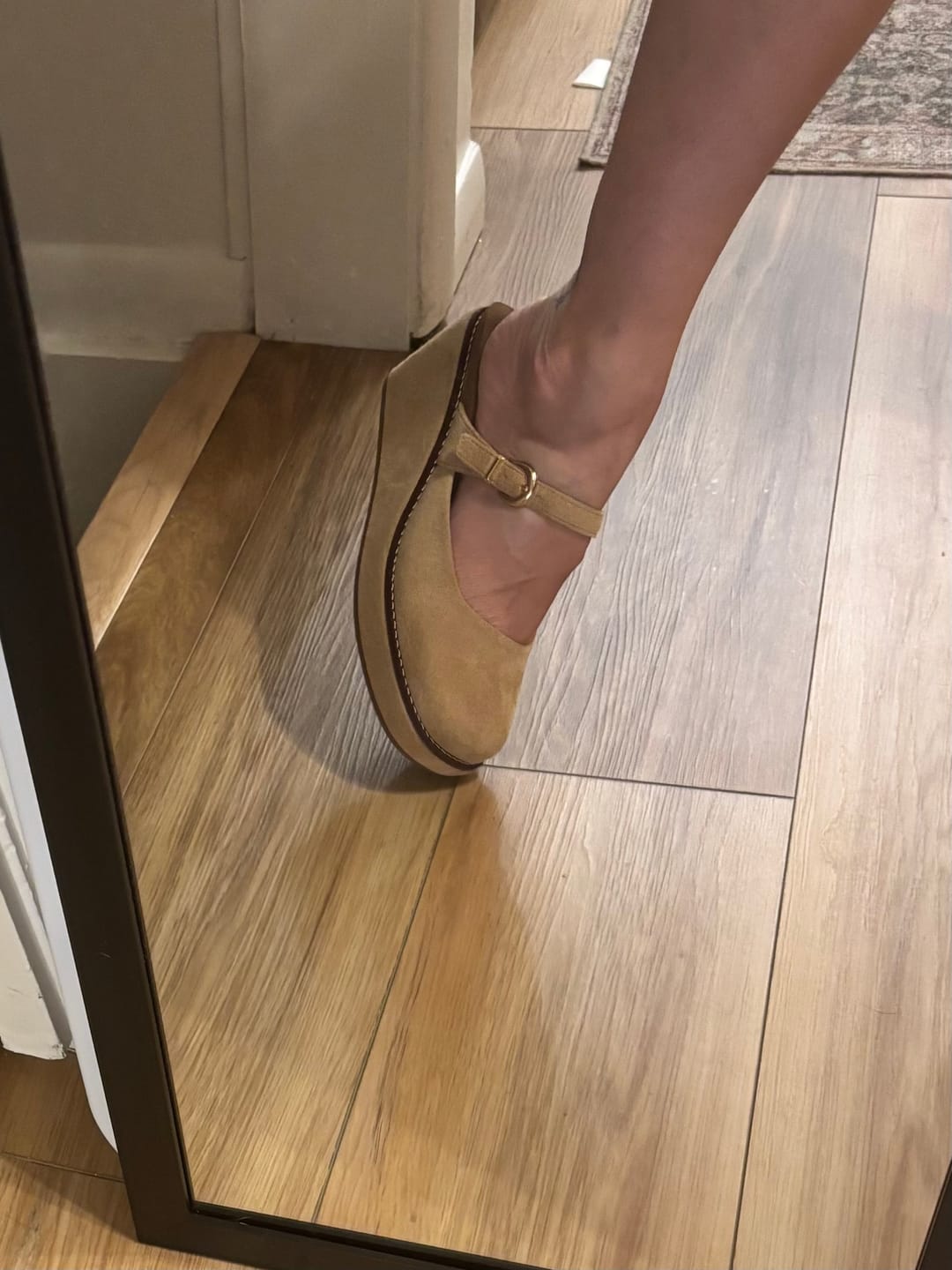 Customer photo review of Corky's Camel Faux Suede Me Time Wedges