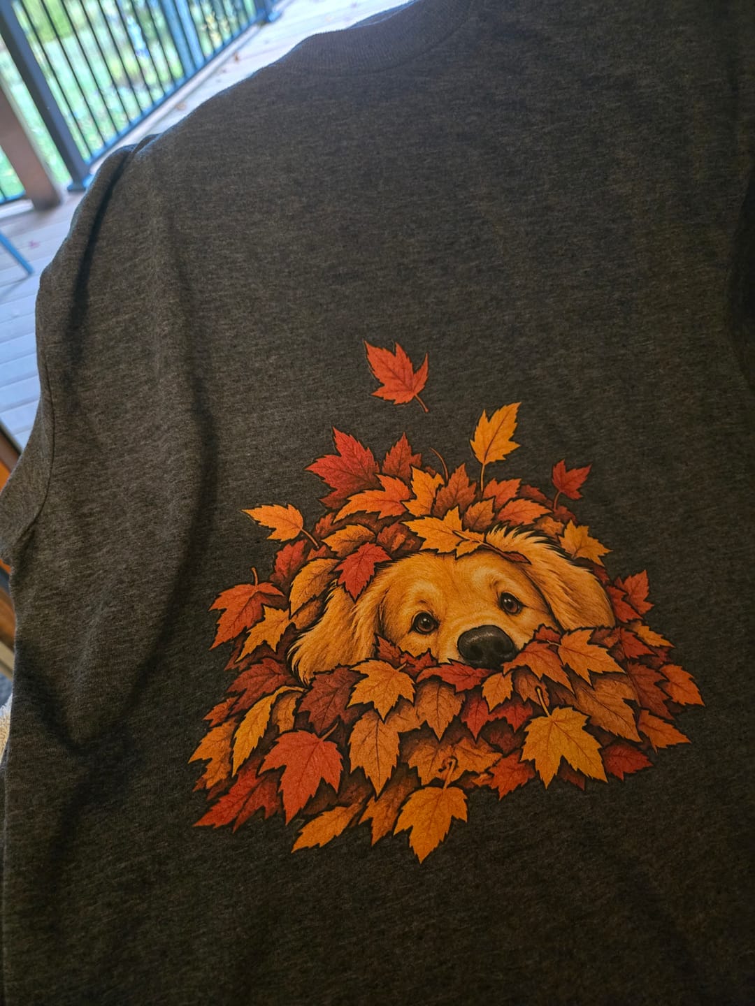 Customer photo review of Golden Retriever Leaf Pile T-Shirt - Front & Back Print