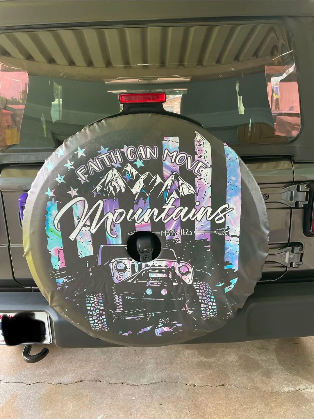 Customer photo review of Faith Can Not Move Mountains Jeep Spare Tire Cover Purple Flag