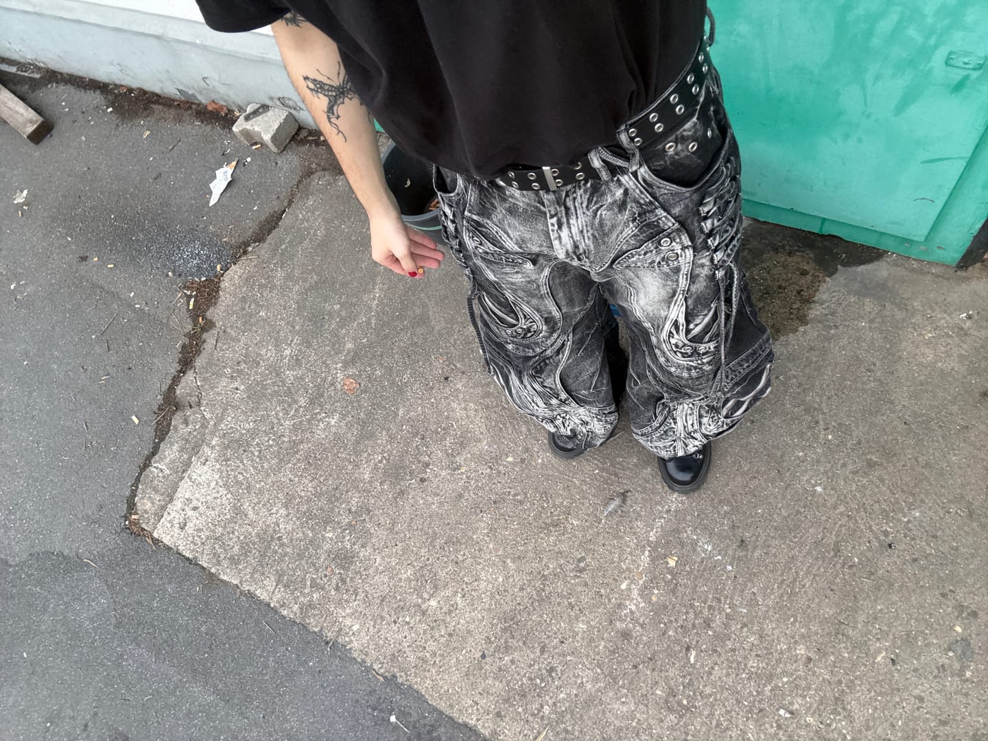 Customer photo review of Deconstructed Flared Patchwork Denim Jeans Black
