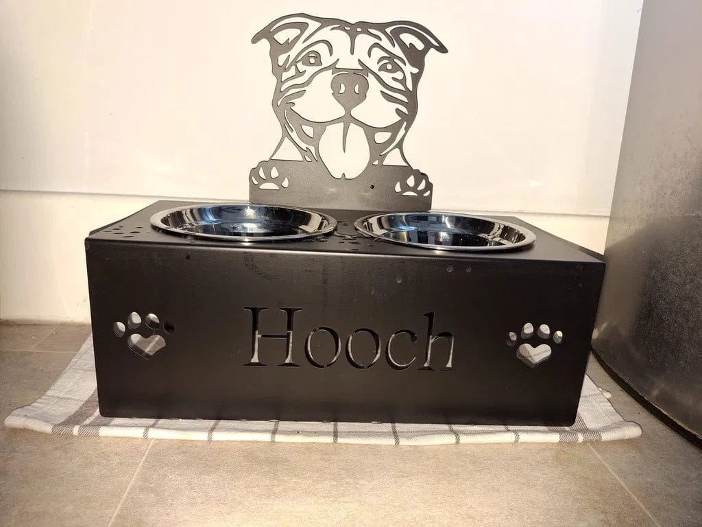 Customer photo review of Custom Name Dog Bowl Stand - Staffordshire Bull Terrier