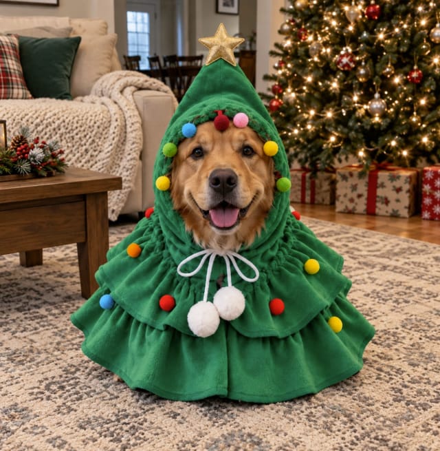 Customer photo review of 🎄 Velora™ Christmas Tree Pet Cape