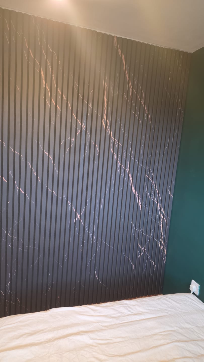 Customer photo review of Black Marble Acoustic Slat Wall Panels — Decorative MDF Wood Panels 2.4m x 0.6m