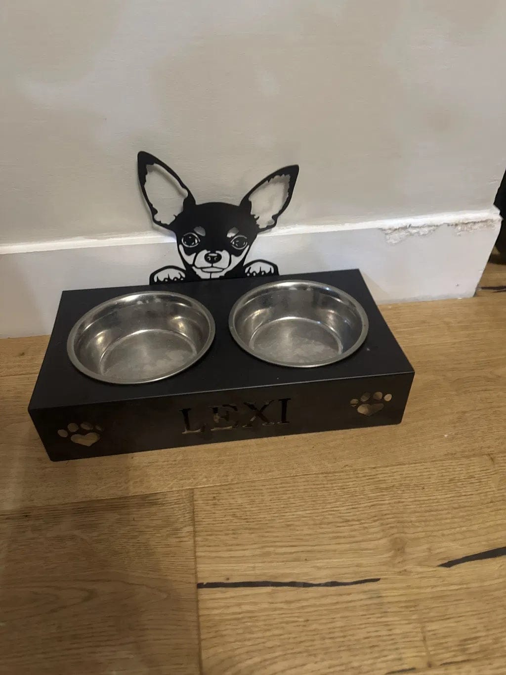 Customer photo review of Custom Name Dog Bowl Stand - Chihuahua
